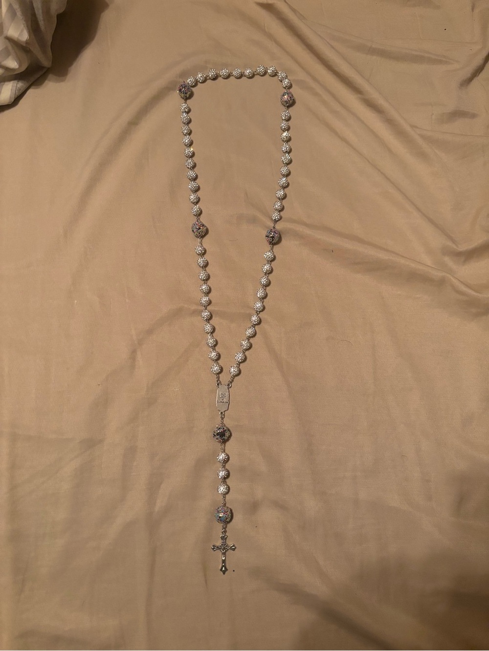 Silver-tone Rosary Necklace with Multicolor Accent Beads